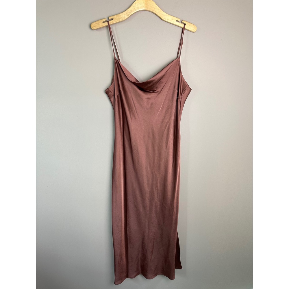 Express Womens Satin Cowl Neck Midi Slip Dress Mauve Pink Side Slit Large